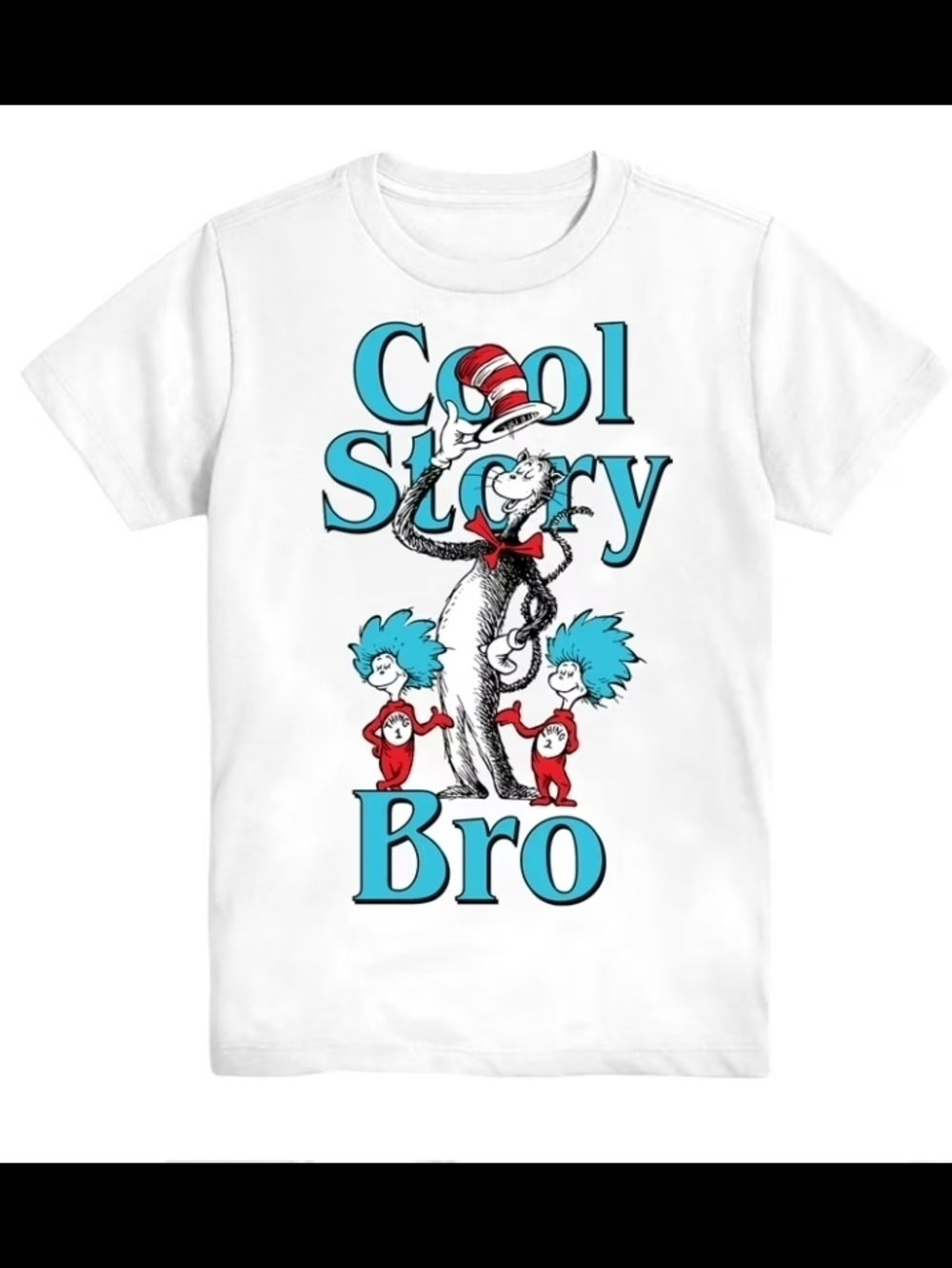Dr. Seuss White Tee with Teal & Red 'Cool Story Bro' Graphic